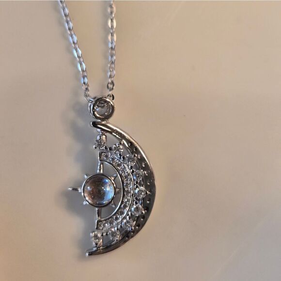 Celestial Silver Necklace with Moon and Star Pendant - Picture 3 of 9